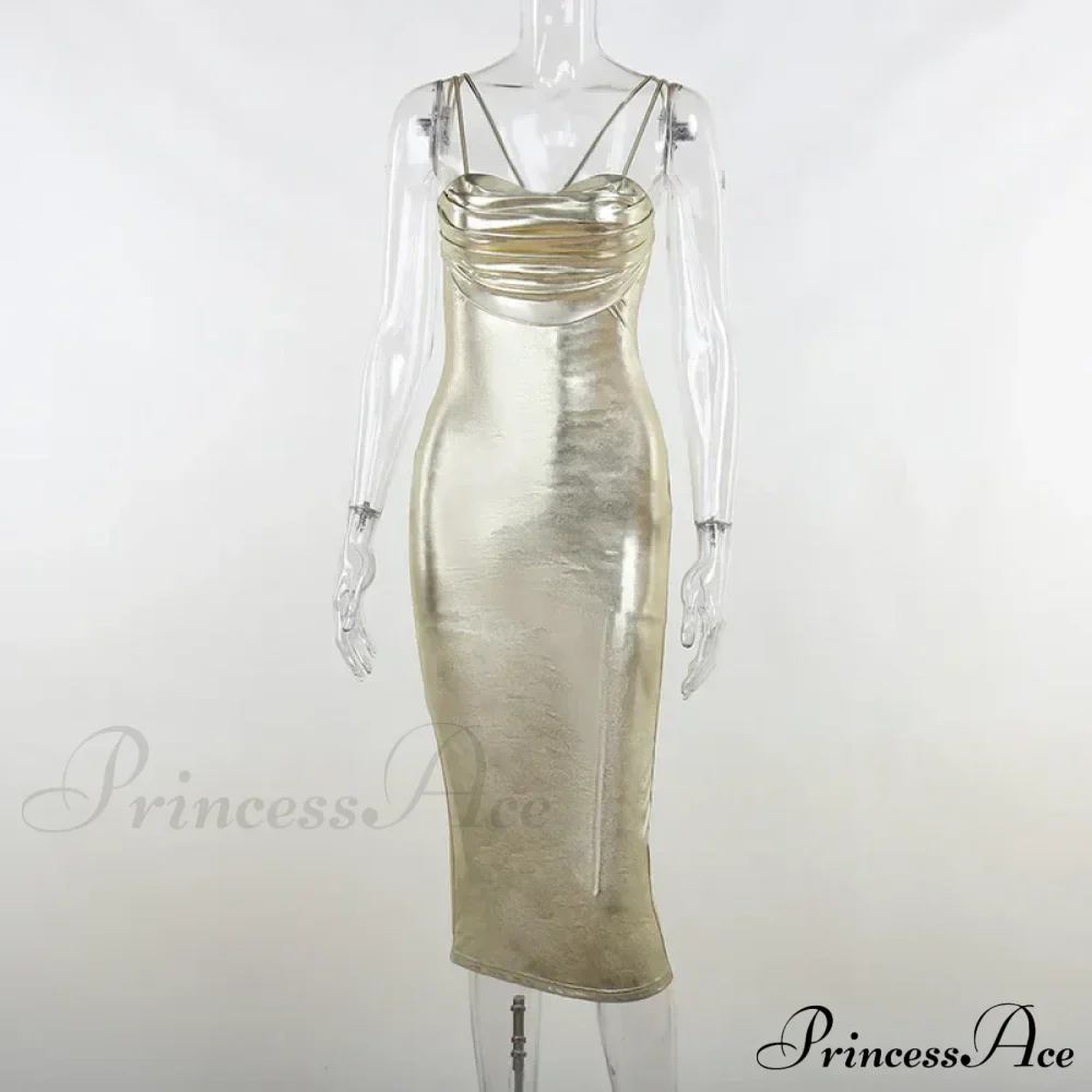 Spaghetti Strap Gold Midi Fashion Wrap Chest Slim Backless Summer Party Club Bodycon Dress - Image 3