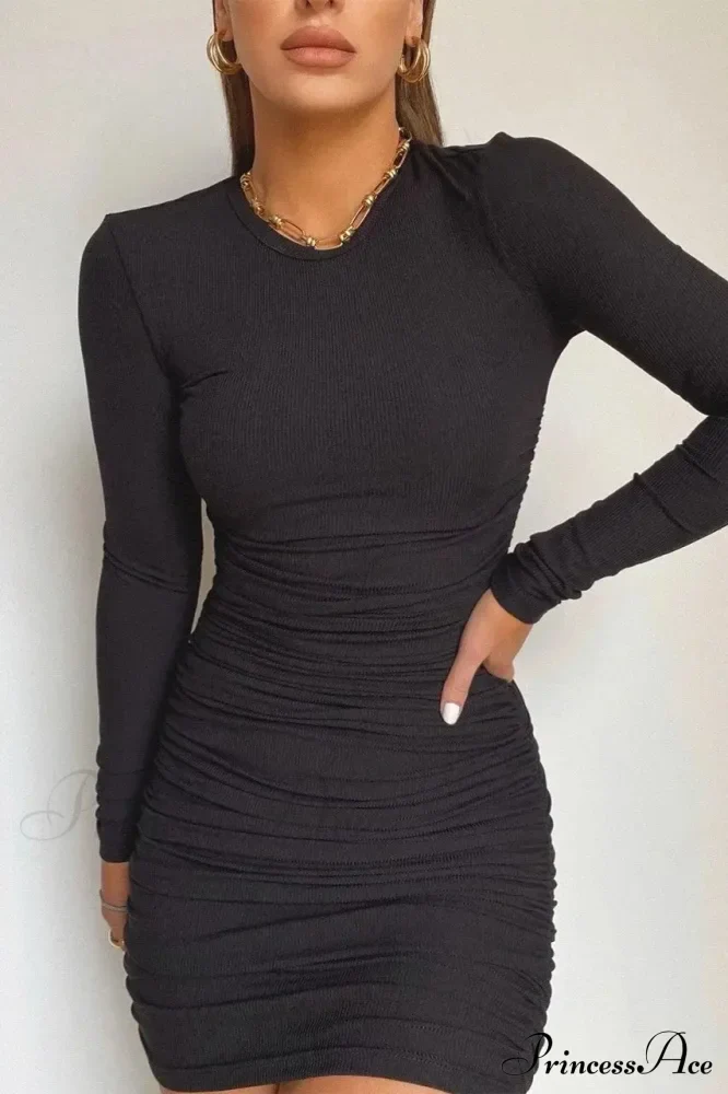 Fashionable Autumn Winter Sexy Elegant Solid Long Sleeve Mini Bodycon Dress - Image 3