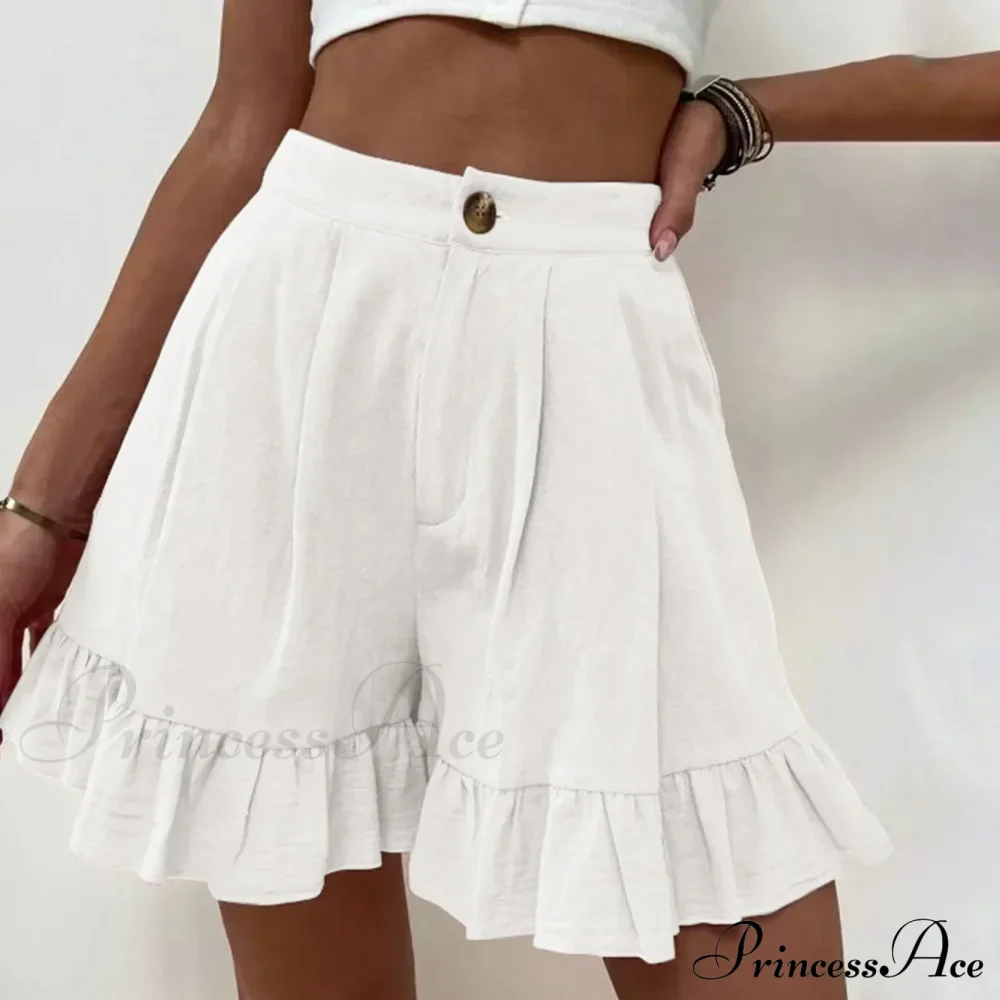 Summer Loose Fitting Wide Leg A Line Ruffle Trim Cotton Linen Texture Soft Wear Short