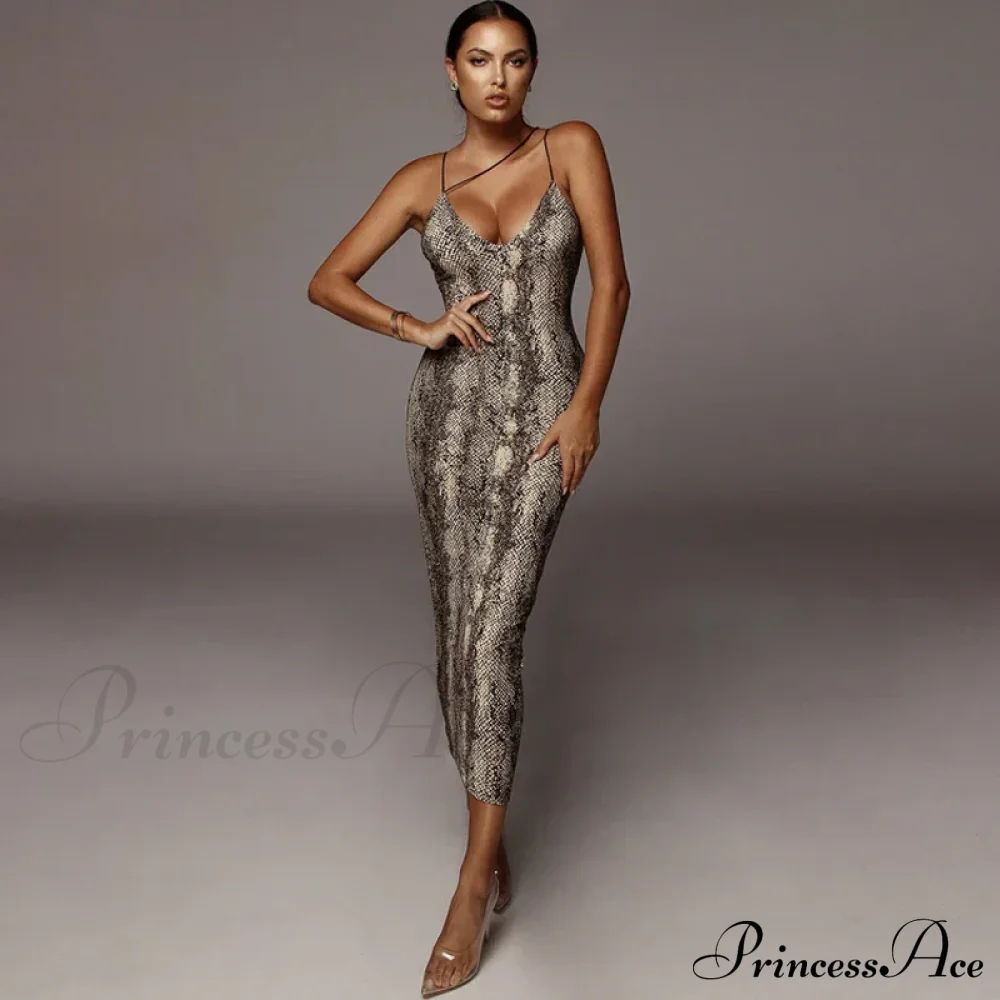 New Sexy Spaghetti Strap Leopard Print Sleeveless V-neck Maxi Evening Party Bodycon Dress - Image 4