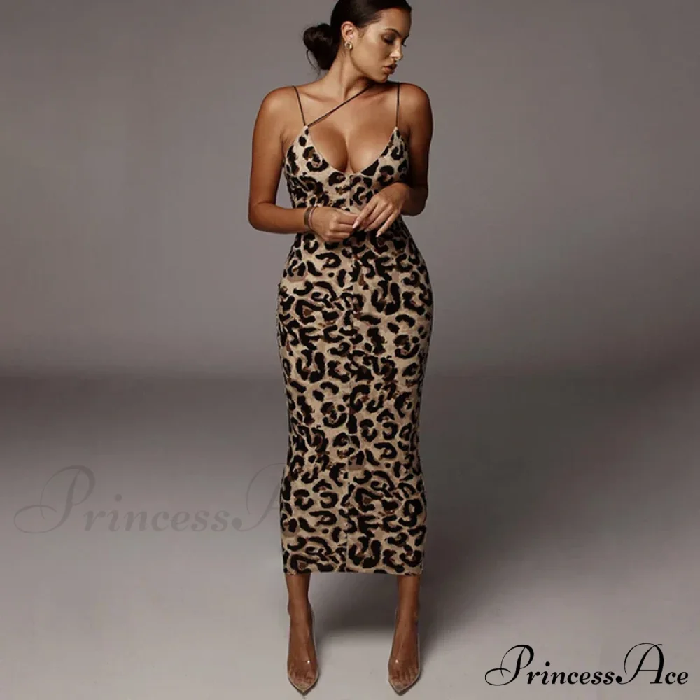 New Sexy Spaghetti Strap Leopard Print Sleeveless V-neck Maxi Evening Party Bodycon Dress - Image 6