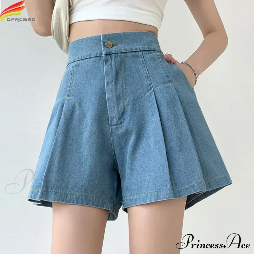 Summer Size Denim High Elastic Waist Pleated Mini Large Size Short - Image 3