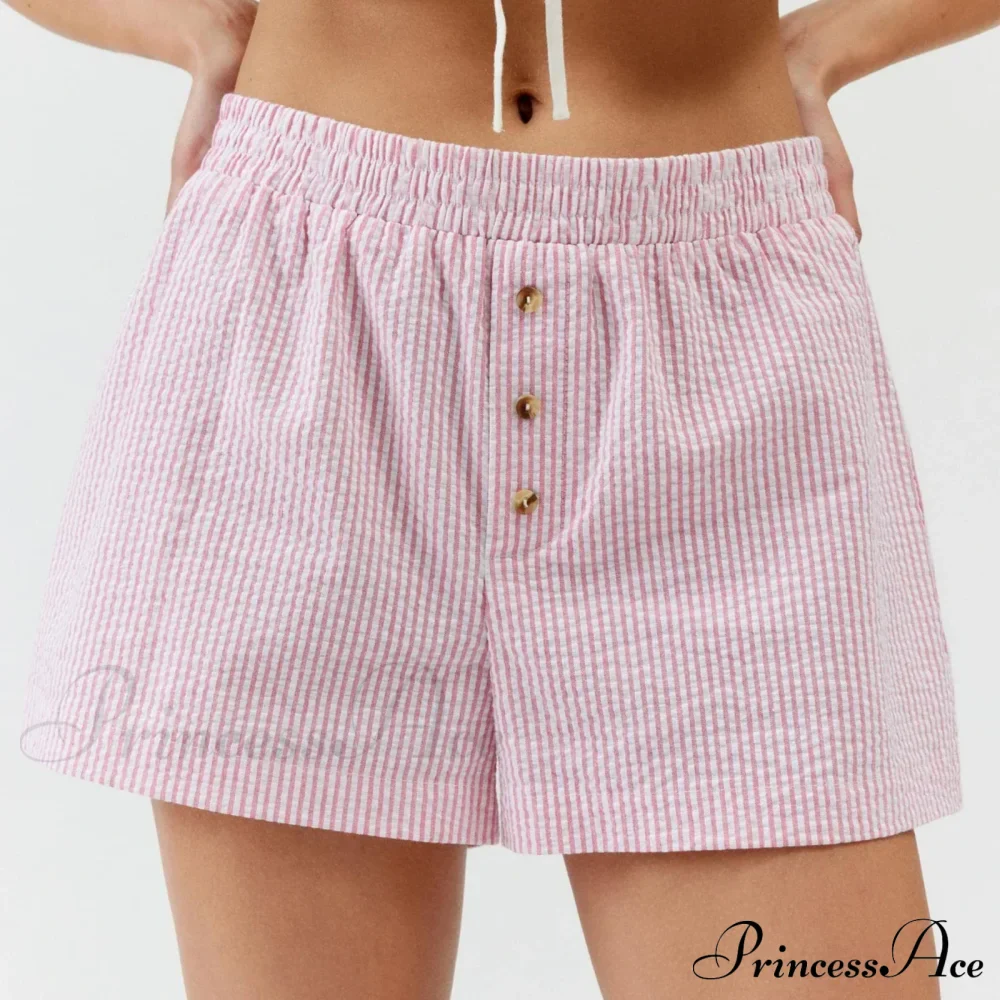 Stripe Print Pajama Boxer Elastic Waist Button Decor Straight Leg Sleeping Pants Short - Image 3