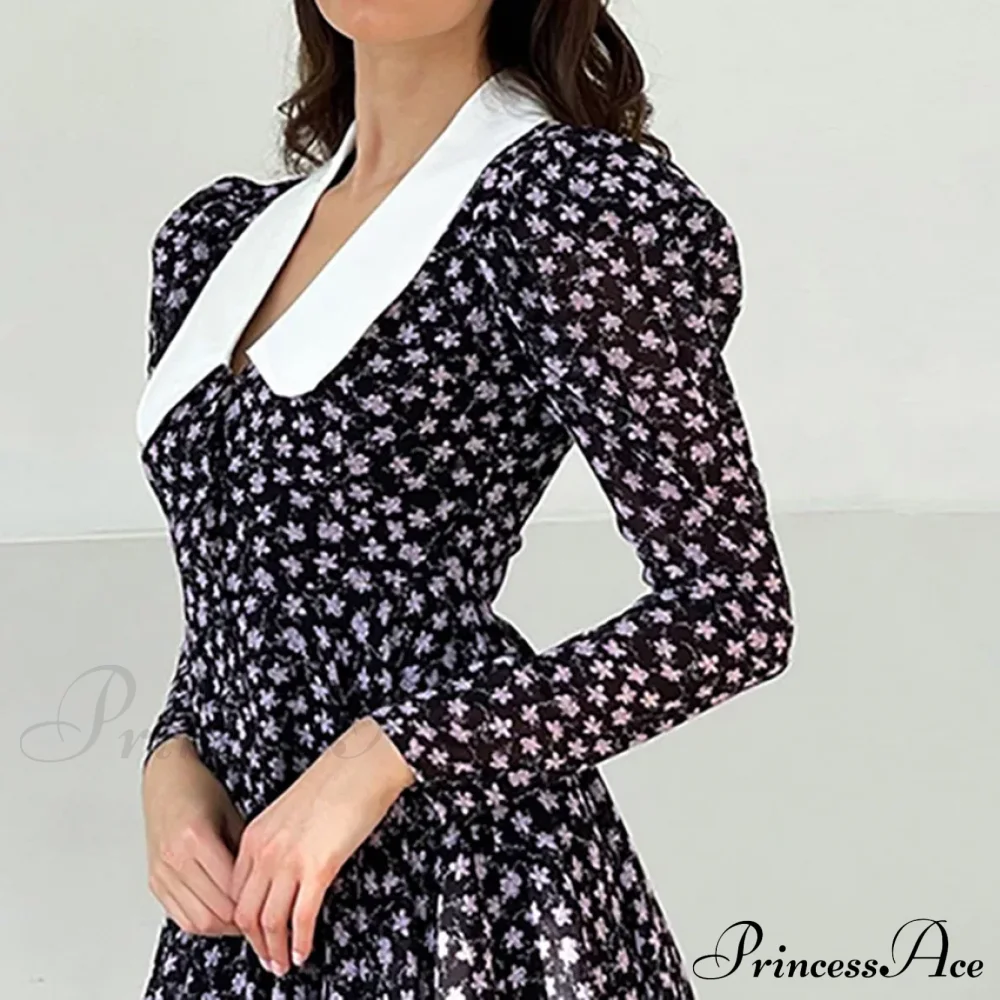 Spring French Puff Sleeve Women's Doll Collar Waist Long Sleeve A-Link Skirt Summer Floral Dress - Image 4
