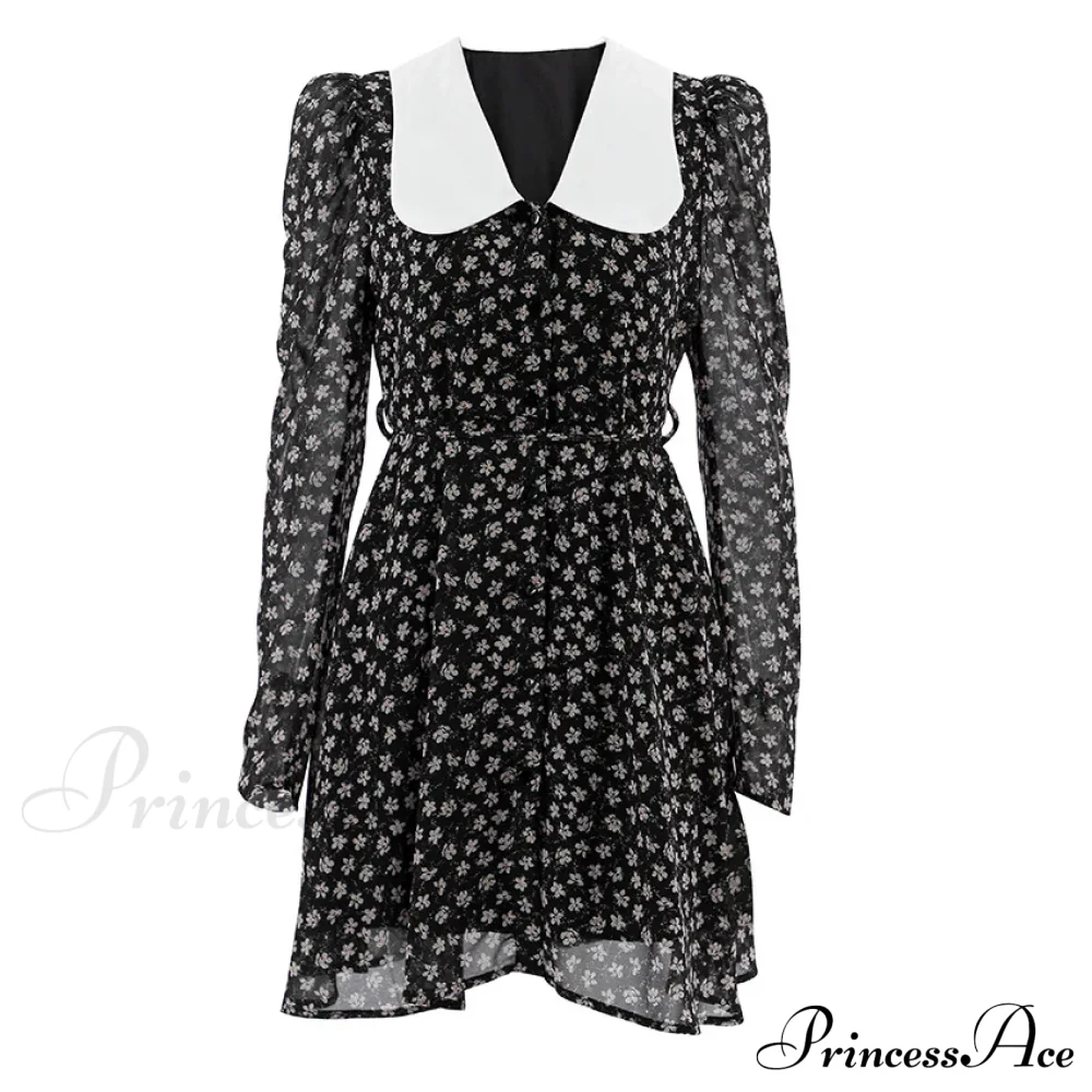 Spring French Puff Sleeve Women's Doll Collar Waist Long Sleeve A-Link Skirt Summer Floral Dress - Image 5