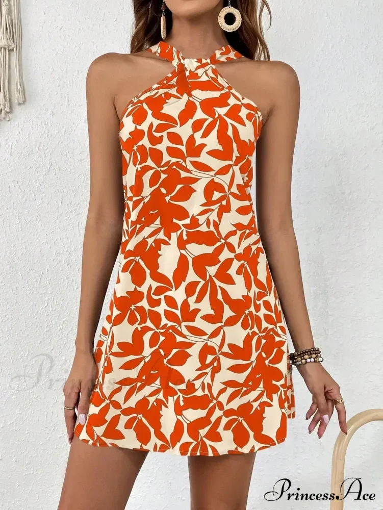 Spring/New Print Halter Off-the-Shoulder Denim Dress Floral Dress - Image 3