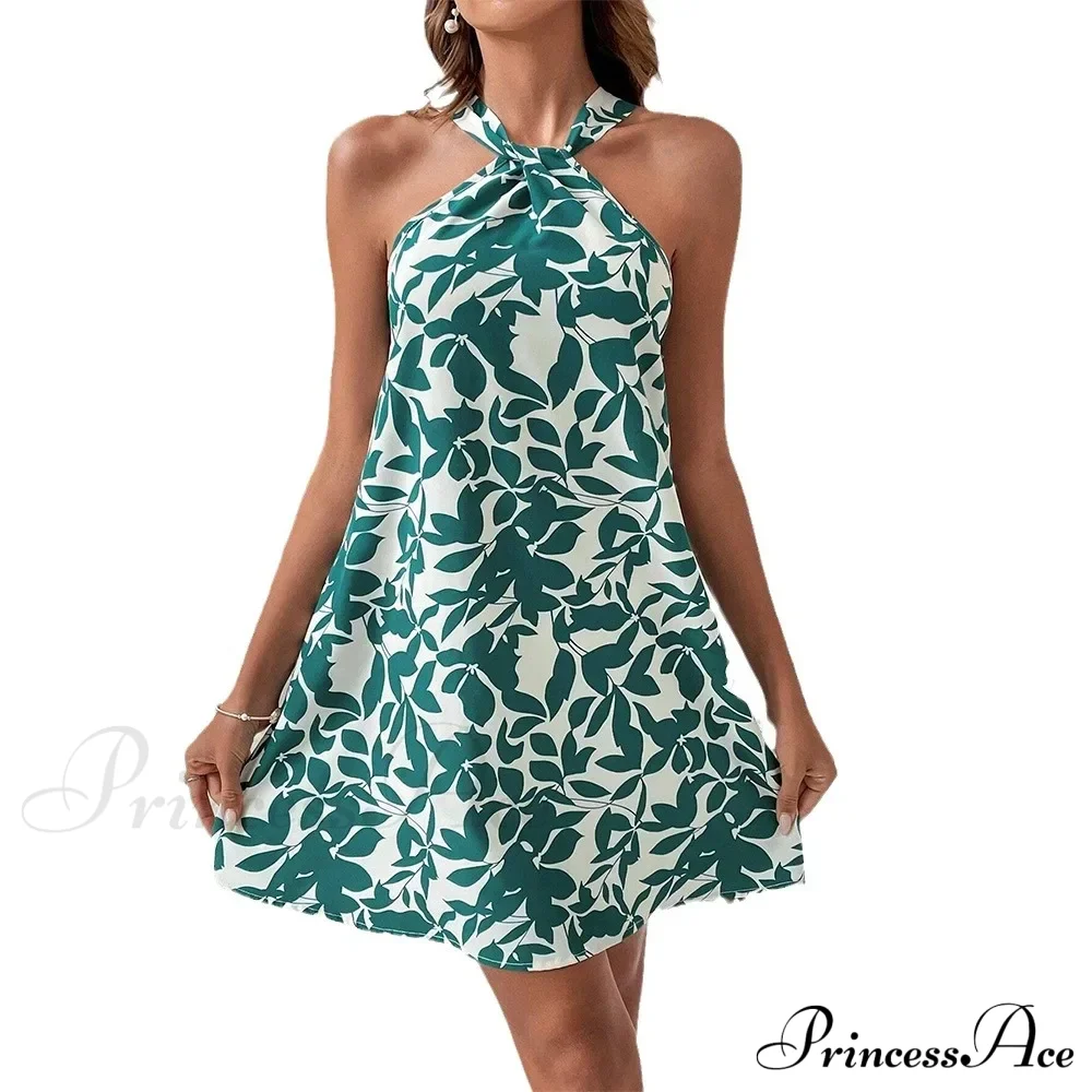 Spring/New Print Halter Off-the-Shoulder Denim Dress Floral Dress - Image 5