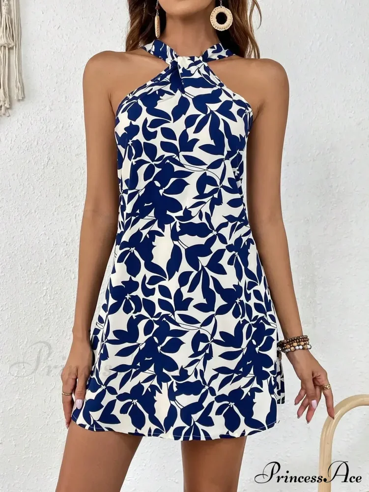 Spring/New Print Halter Off-the-Shoulder Denim Dress Floral Dress - Image 7