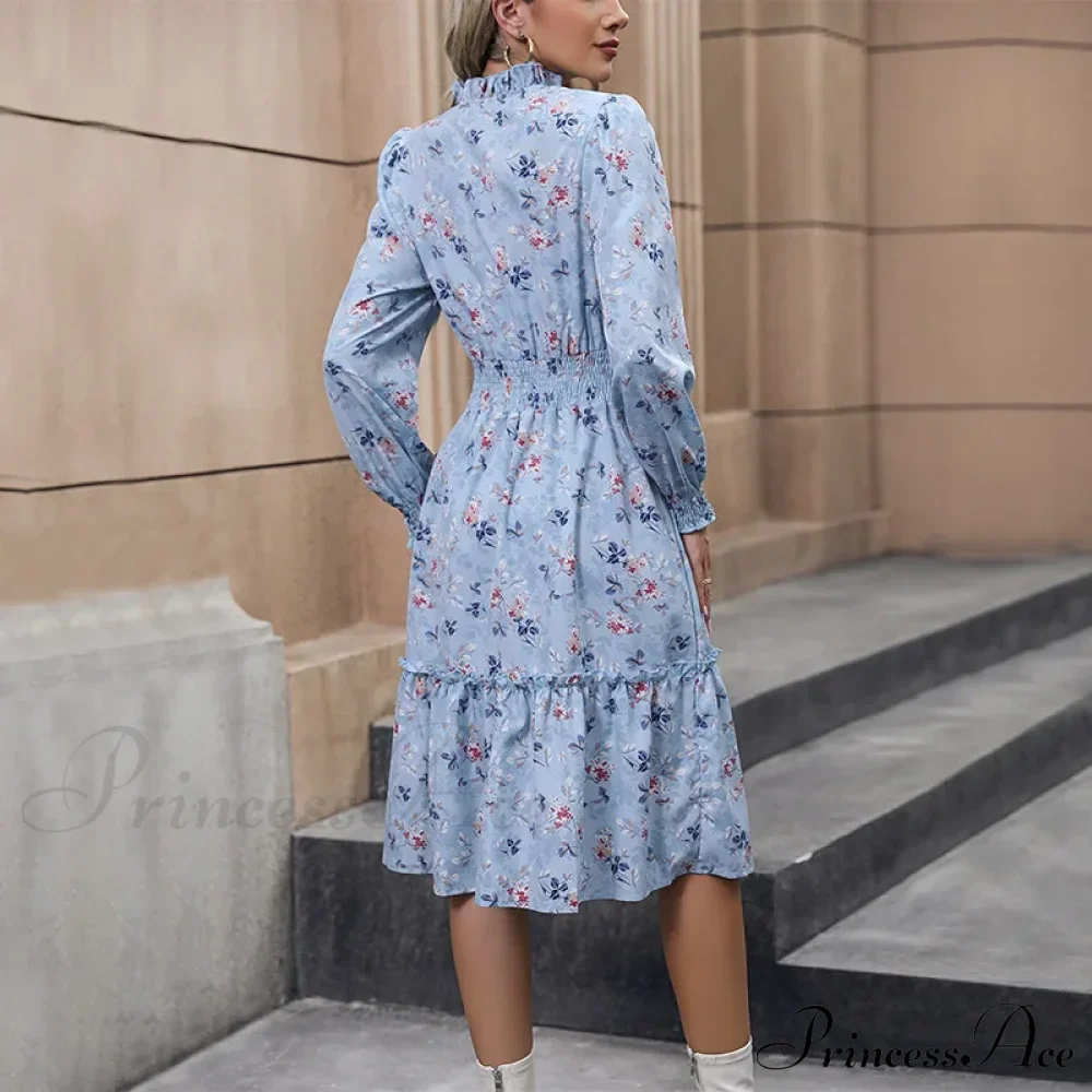 Long Sleeve Printed A-Link Skirt Vestido De Cuello V Cerrado Summer Women Clothing Floral Dress - Image 2