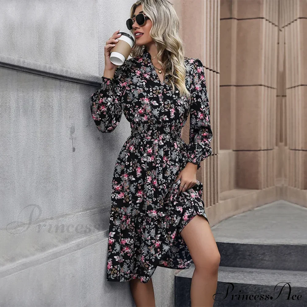 Long Sleeve Printed A-Link Skirt Vestido De Cuello V Cerrado Summer Women Clothing Floral Dress - Image 3