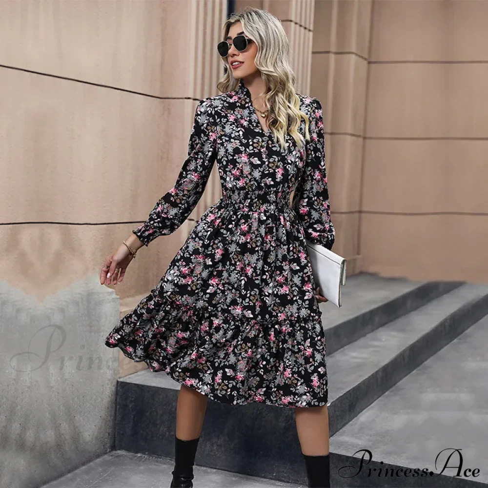 Long Sleeve Printed A-Link Skirt Vestido De Cuello V Cerrado Summer Women Clothing Floral Dress - Image 4