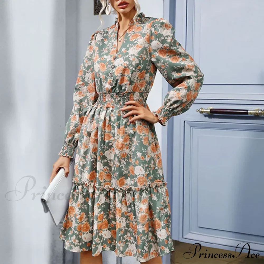 Long Sleeve Printed A-Link Skirt Vestido De Cuello V Cerrado Summer Women Clothing Floral Dress - Image 5
