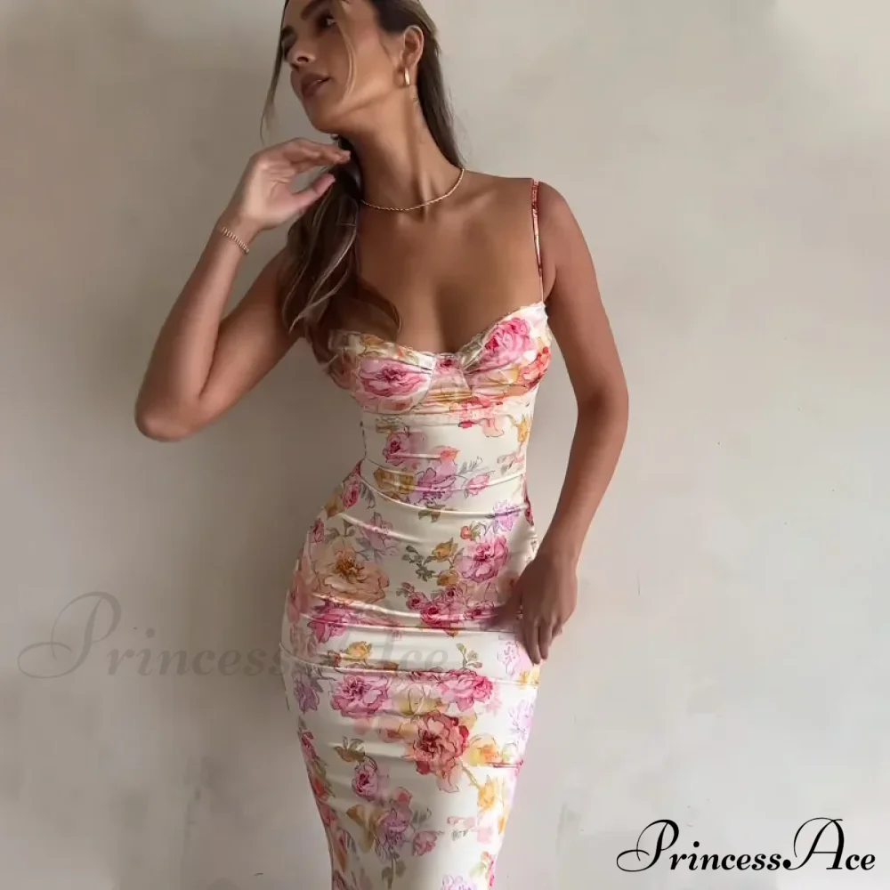 Suspender Split SlimSleeveless Beach Spaghetti Strap Summer Floral Dress - Image 4