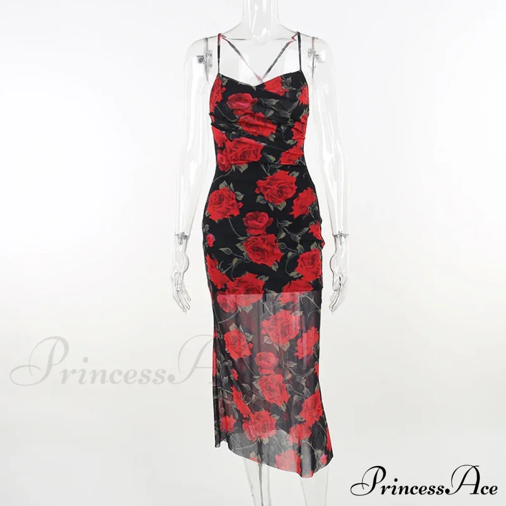 Fresh Rural Style Long SlimPrinted Suspended Spring/Summer Off Shoulder Floral Dress - Image 8