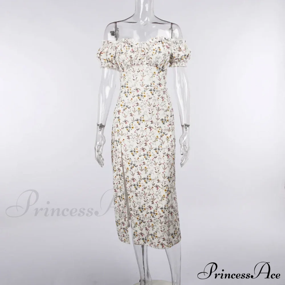 Off Shoulder Flower Print High Split Elegant Long Backless Bodycon Summer Floral Dress - Image 3