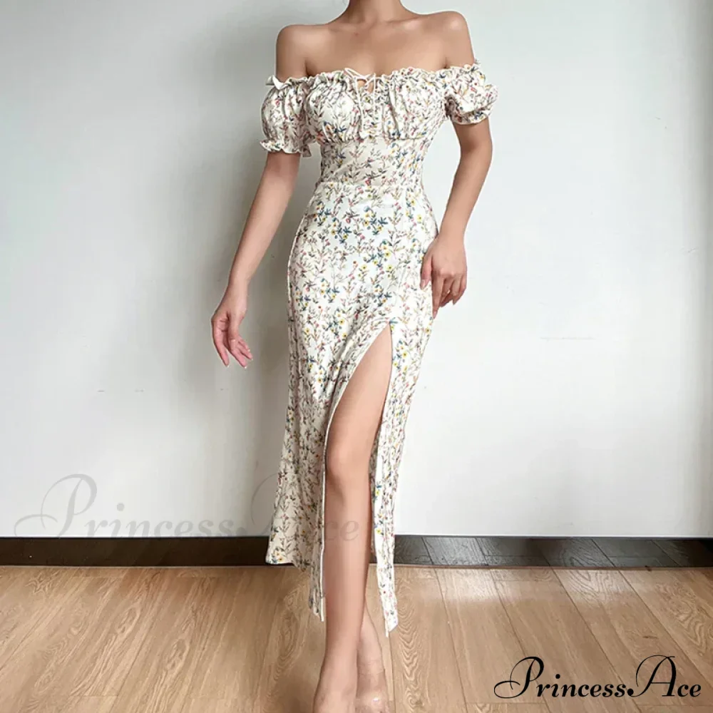Off Shoulder Flower Print High Split Elegant Long Backless Bodycon Summer Floral Dress - Image 9