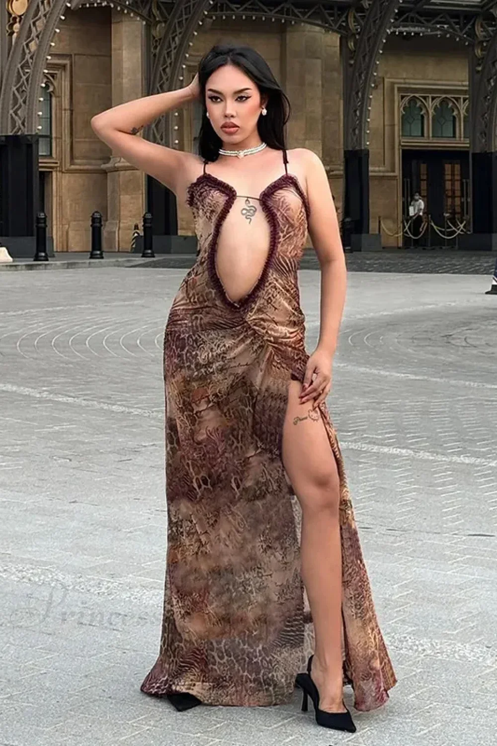 Halter Neck Printed Maxi Mesh Hollow Out Sleeveless High Waist Split Elegant Y2k Par Cut Out Dress - Image 5