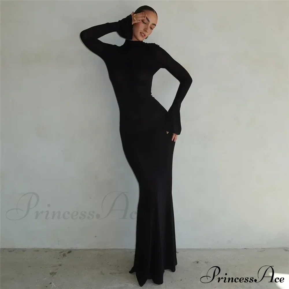 Black TurtleNeck Backless Maxi For Women Elegant Evening Trumpet Sleeves Autumn Bodycon Long Cut Out Dress - Image 3