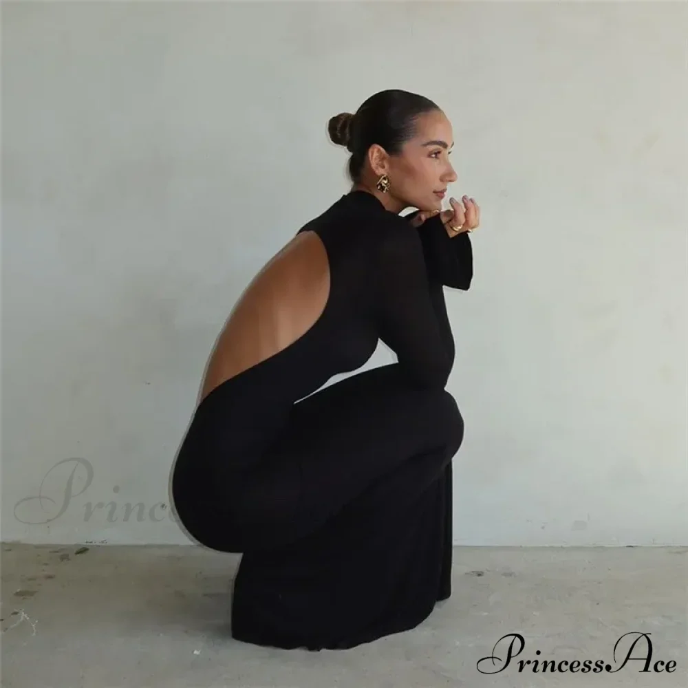 Black TurtleNeck Backless Maxi For Women Elegant Evening Trumpet Sleeves Autumn Bodycon Long Cut Out Dress - Image 5
