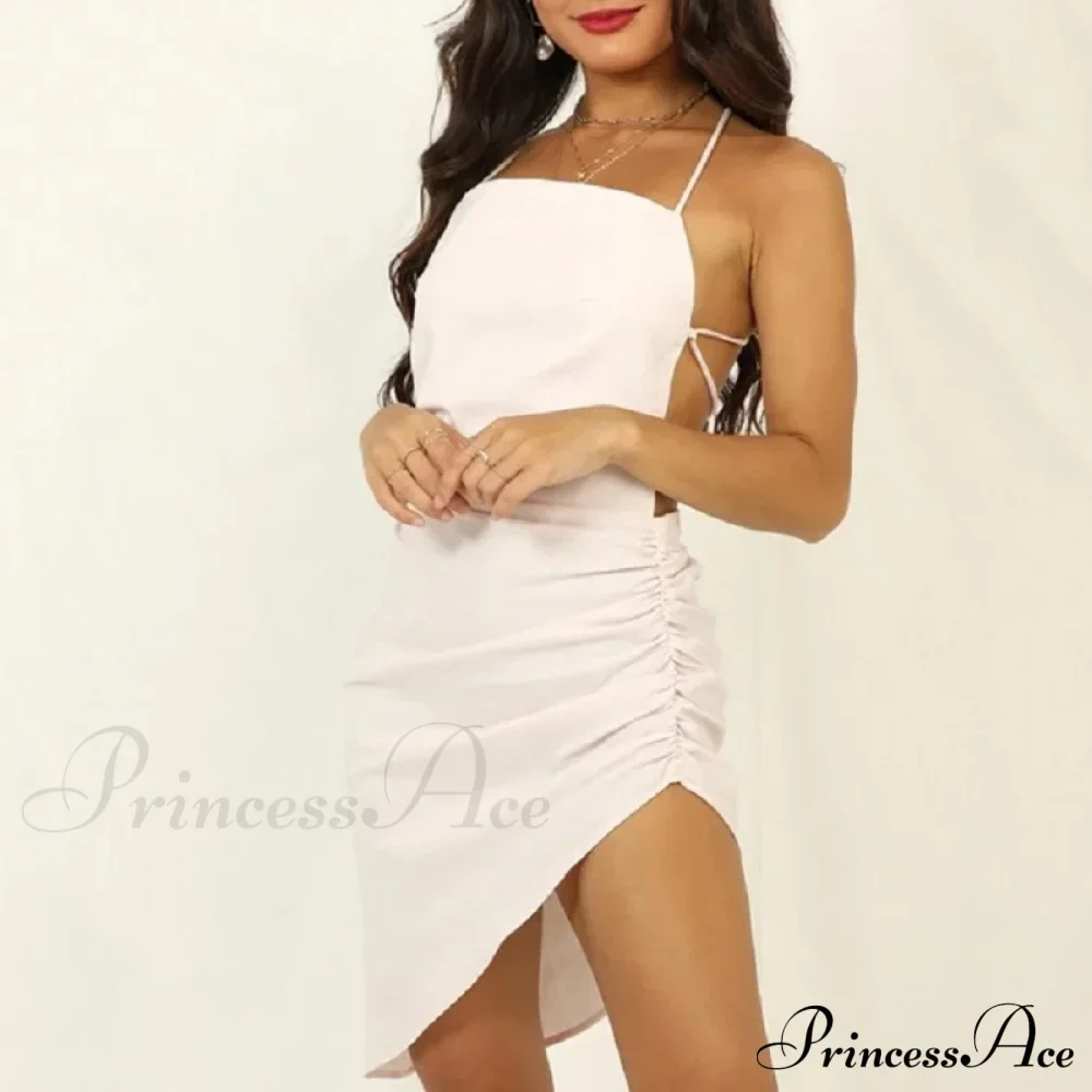 PROMOTION Summer Solid Color Women's Hollow Out Korean Leisure Elegant Mini Y2K Clothes Sexy Irregular Top Cut Out Dress