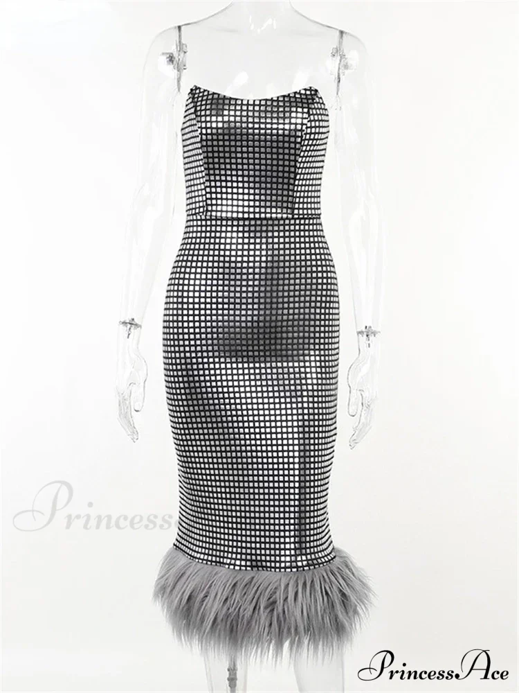 Strapless Backless Evening Party Club Elegant Faux Fur Slim Midi Dress - Image 5