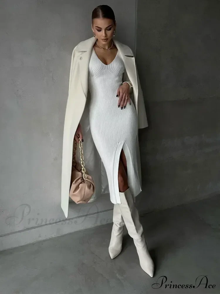 Fall Winter V-Neck Knitted Party Slit Long Sleeve Sweaters Midi Dress - Image 5