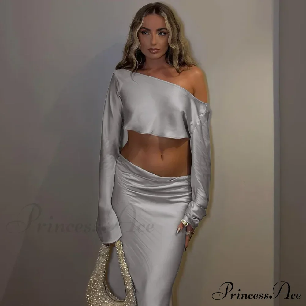 Off Shoulder Long Sleeve Top and Skirt 2 Piece Set Asymmetric Silky Co-Ords Matching Sets Midi Dress - Image 5
