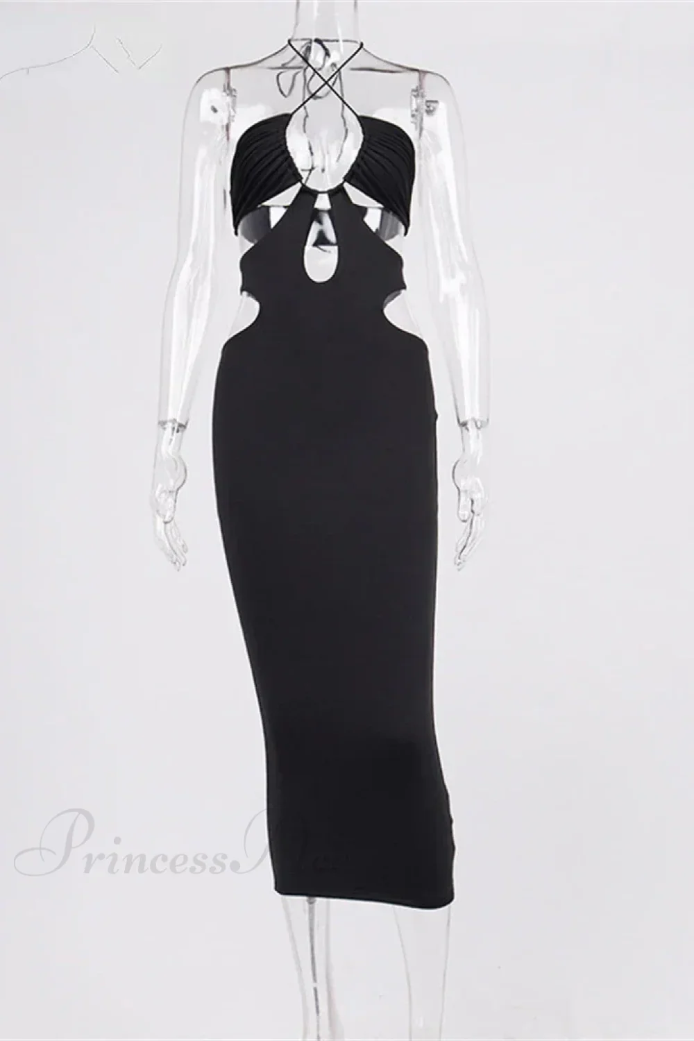 Cut Out Party Evening Sexy Black Women's Summer Hollow Out Halter Wrap Long Backless Midi Dress - Image 6