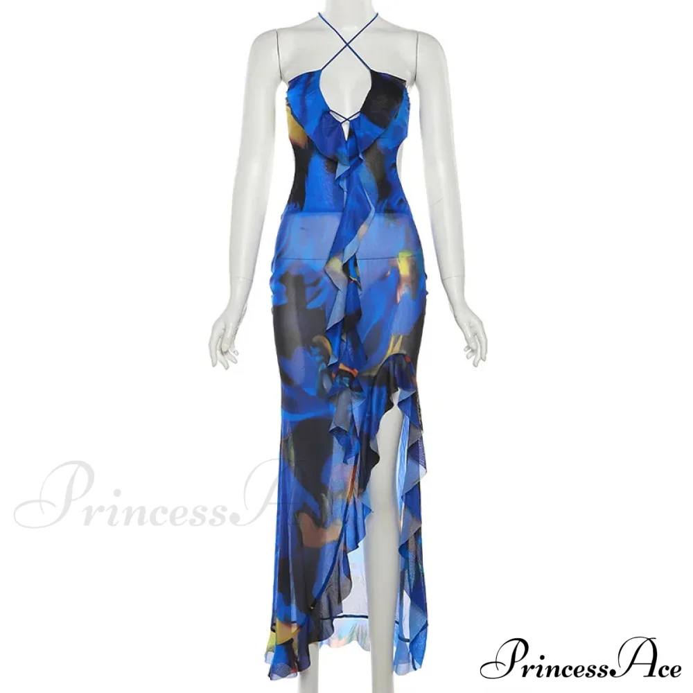 Bandage Slit Ruffle Plunge V-Neck Elegant for Women's Club Party Print SunSummer Midi Dress - Image 6