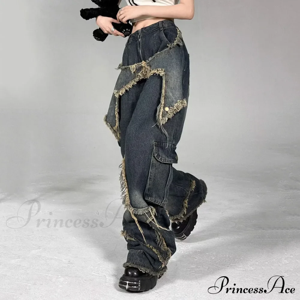 Long Fading Distressed Star Vintage Denim Jeans - Image 3