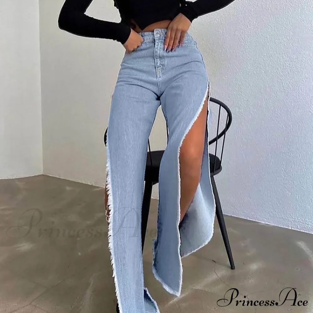 Street Hipster Double-Slit Wide-Leg Denim Jeans - Image 5