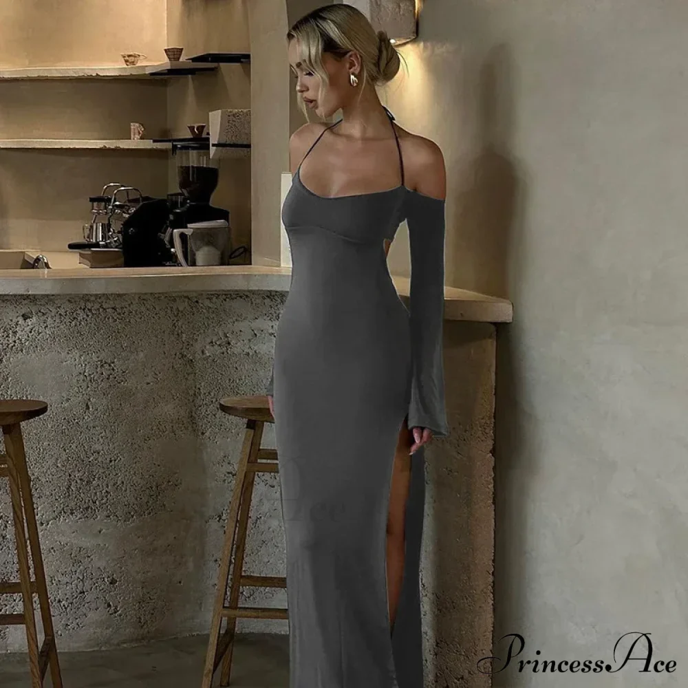 Halter Backless es Elegant Sleeve Club Party Split es Clothes Maxi Dress - Image 3