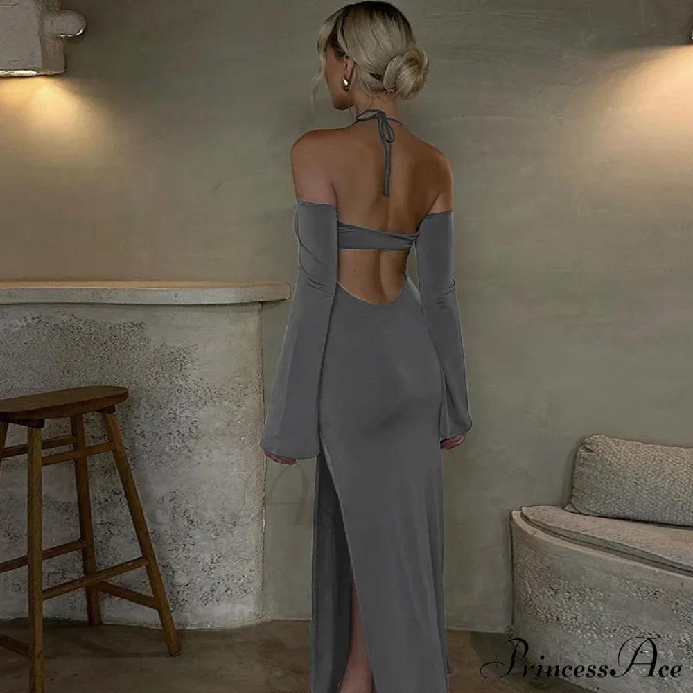 Halter Backless es Elegant Sleeve Club Party Split es Clothes Maxi Dress - Image 4