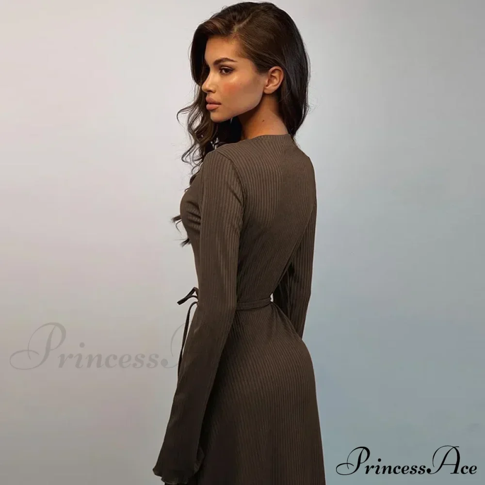 Ribbed Knitted Tie-detailed Fashionable Club-ready Birthday Autumnal Maxi Dress - Image 3