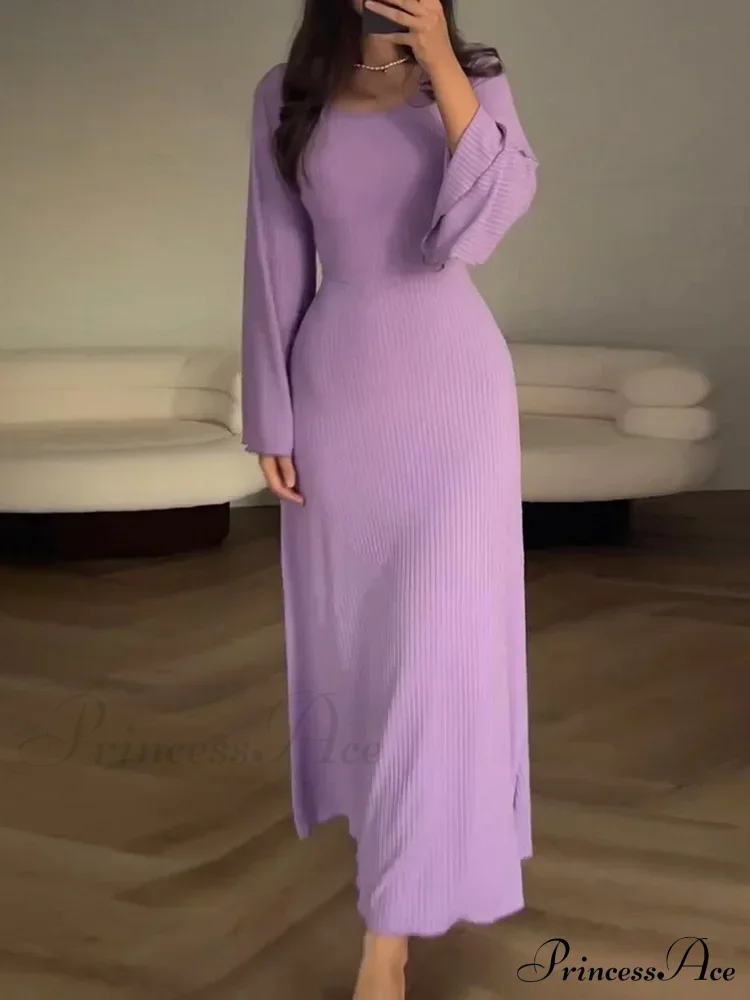 Patchwork Bandaged Round-necked Slim-fitted Long-sleeved Street-ready Ankle-length Maxi Dress - Image 2