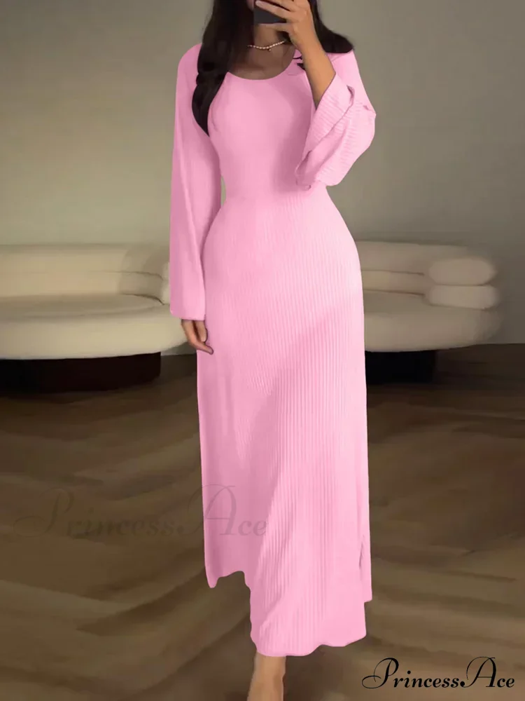 Patchwork Bandaged Round-necked Slim-fitted Long-sleeved Street-ready Ankle-length Maxi Dress - Image 3