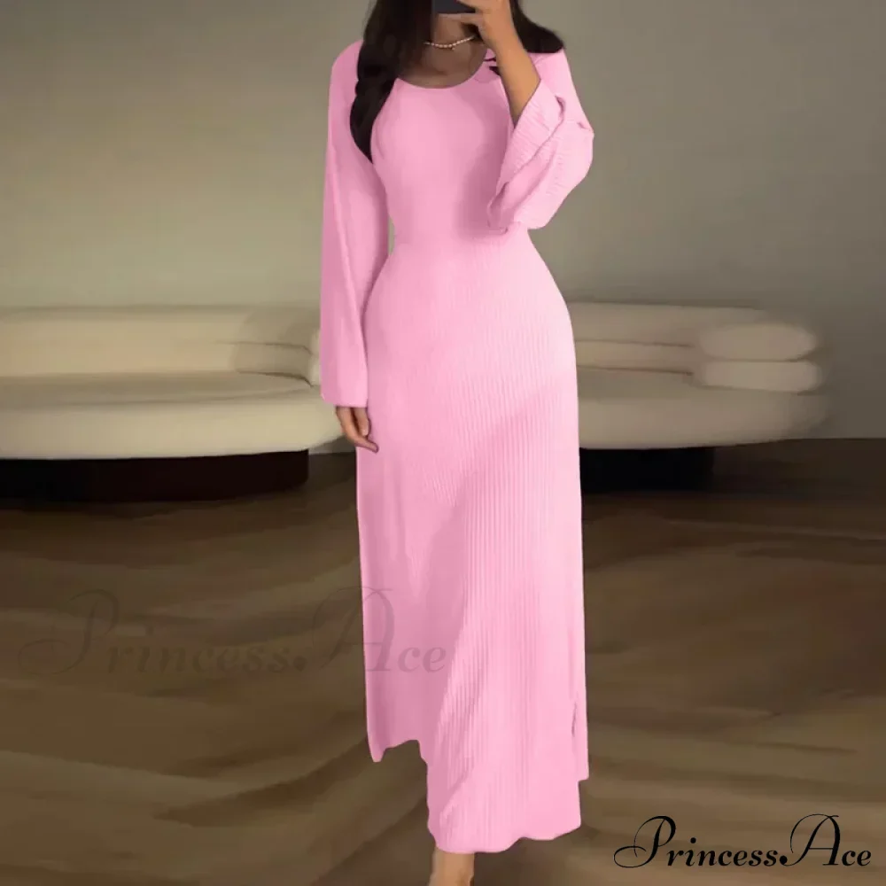 Patchwork Bandaged Round-necked Slim-fitted Long-sleeved Street-ready Ankle-length Maxi Dress - Image 9