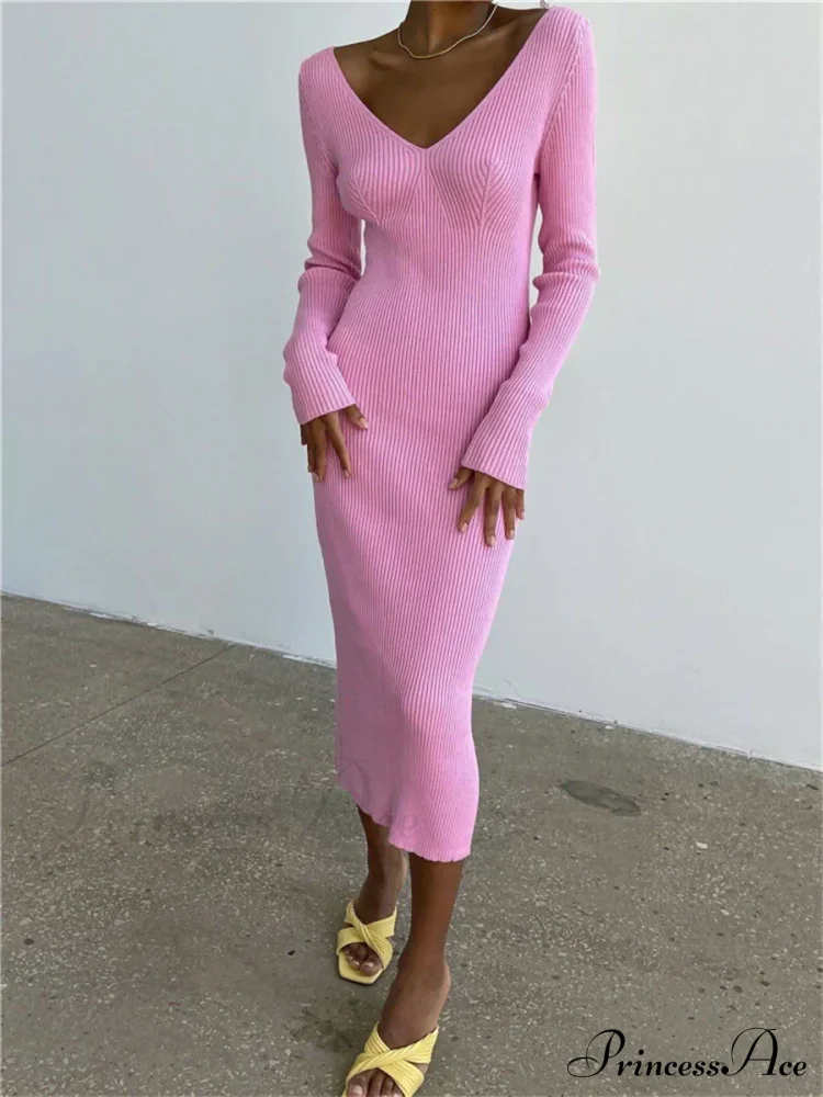 Fall Winter Knit Rib Long Sleeve V Neck Backless Midi Dress - Image 10