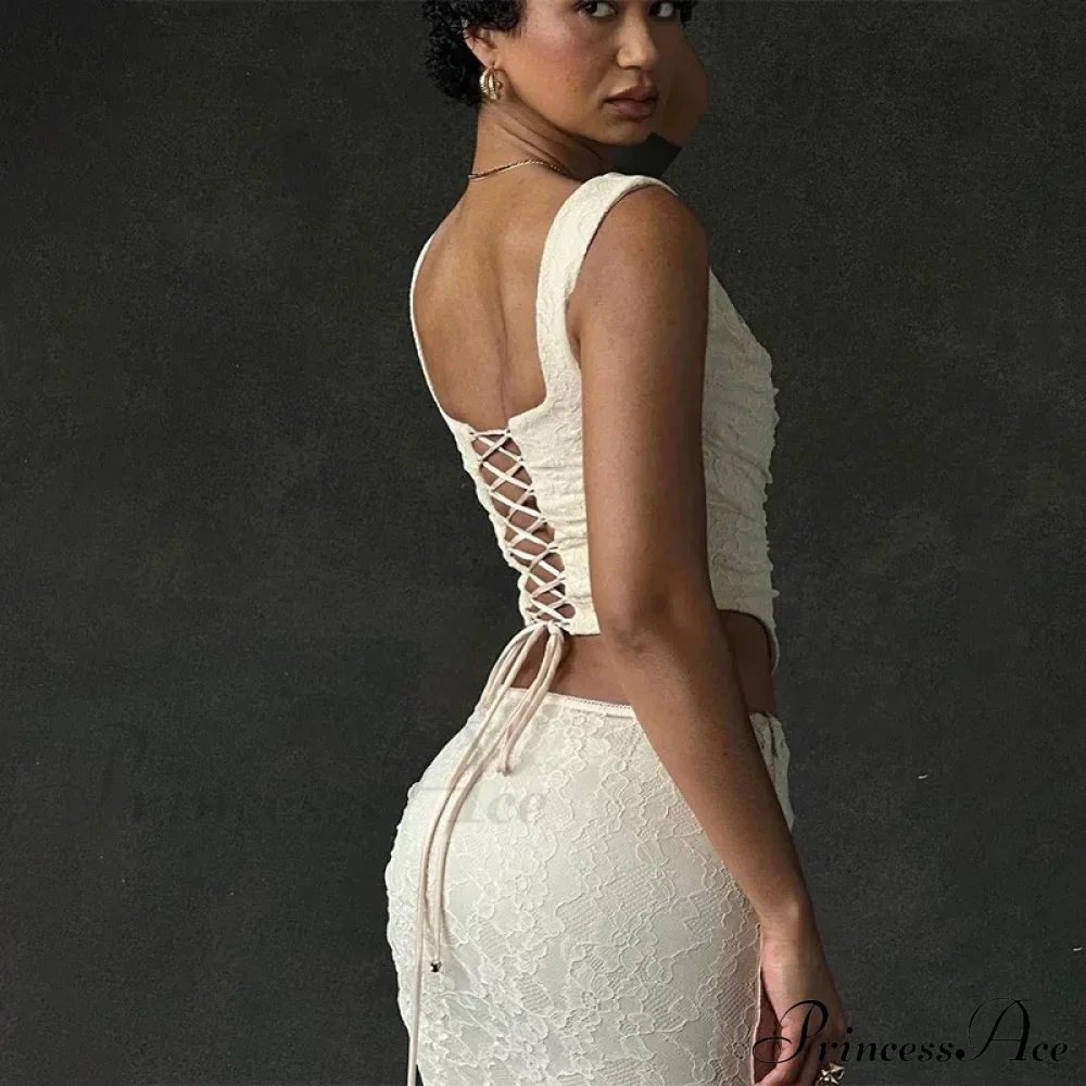 Vintage Floral Lace Corset Top and Skirt Sets Sexy Backless Bandage Midi Dress - Image 5
