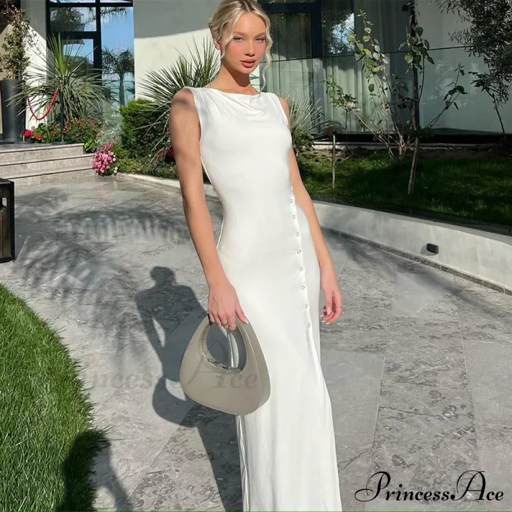 Fashion Button Knitted Sleeveless Slit Summer Elegant Solid Vestido Midi Dress - Image 5