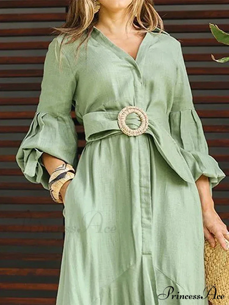 Fashion Ruffle Women's Shirt Casual V Neck Lantern Sleeve With Pocket Long Skirt Spring Lady Streetwear Midi Dress - Image 3