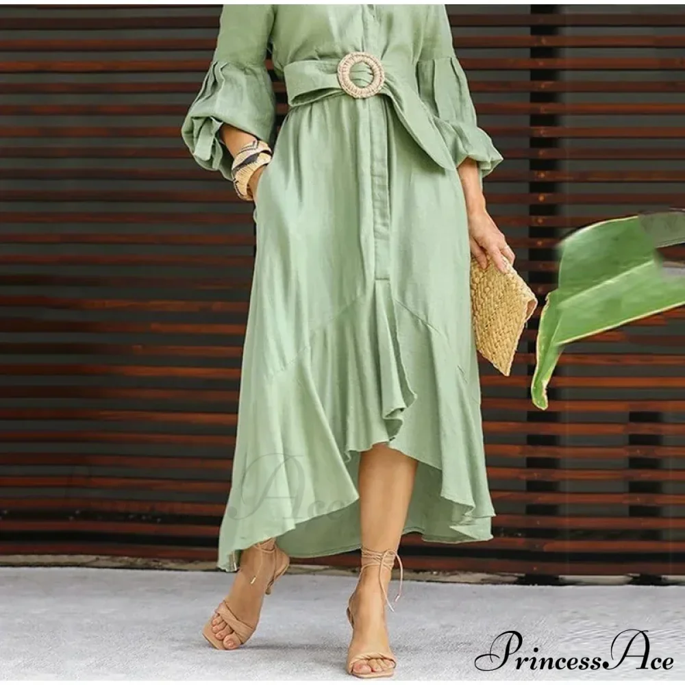 Fashion Ruffle Women's Shirt Casual V Neck Lantern Sleeve With Pocket Long Skirt Spring Lady Streetwear Midi Dress - Image 6