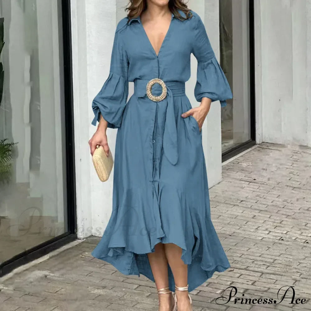 Fashion Ruffle Women's Shirt Casual V Neck Lantern Sleeve With Pocket Long Skirt Spring Lady Streetwear Midi Dress - Image 9