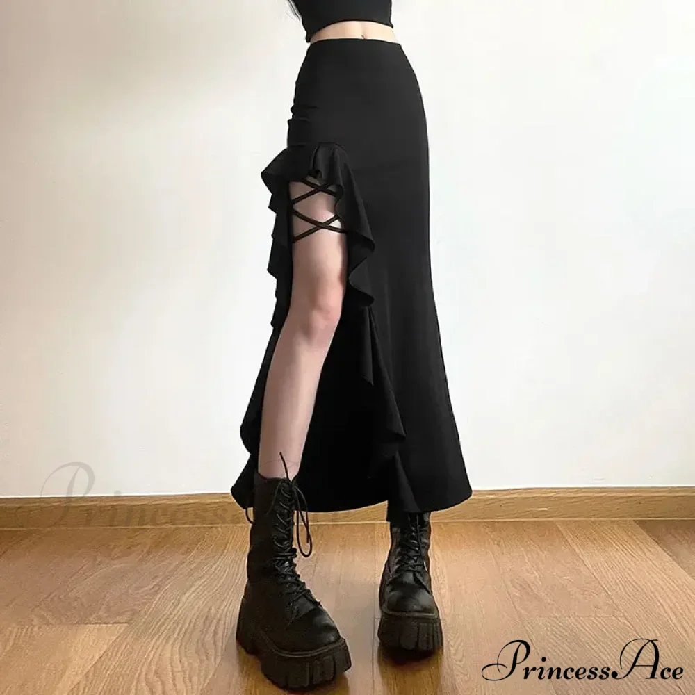 Gothic Black Bodycon Waisted Punk Midi Slit Skirt - Image 4