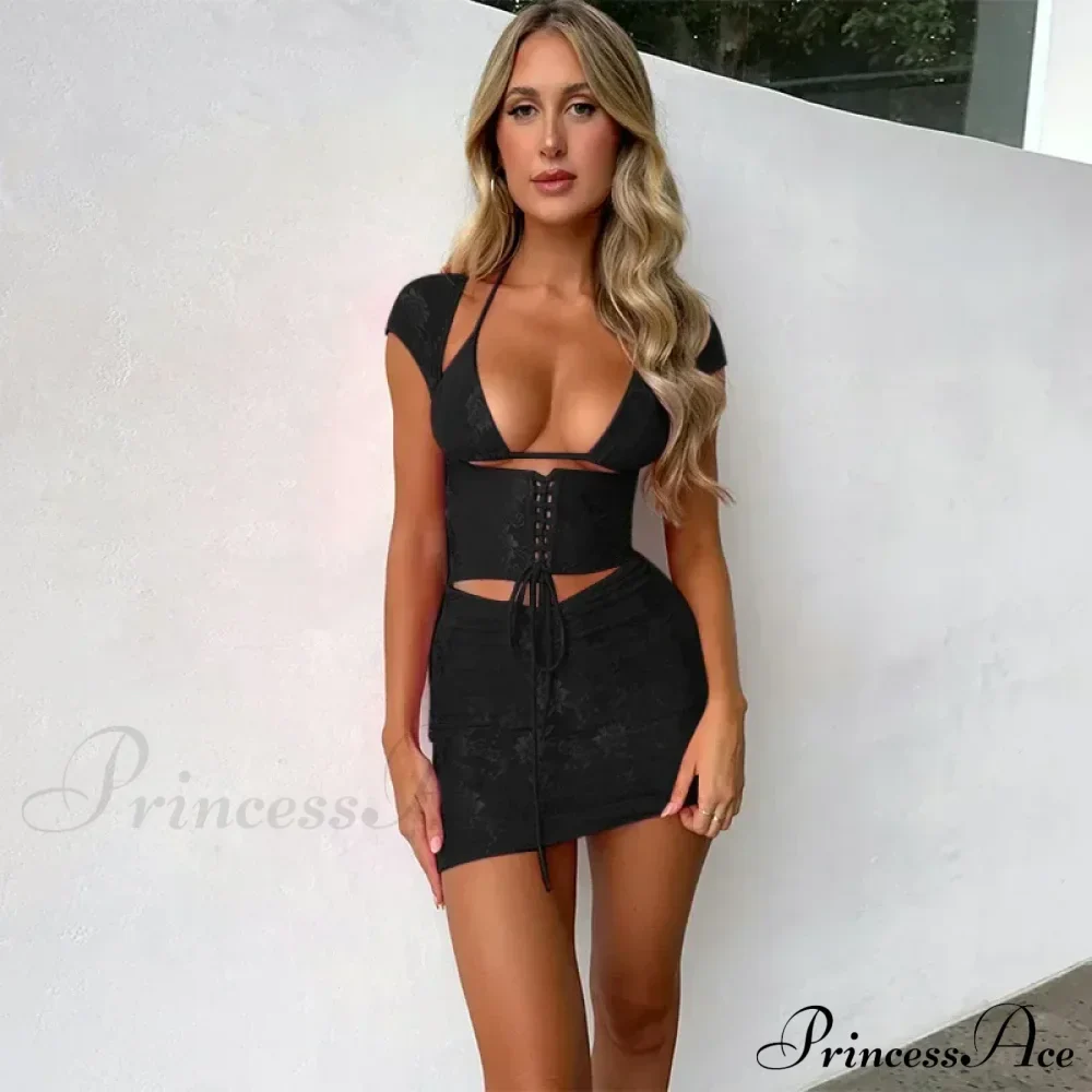 Hollow Out Jacquard Lace Co-ords Set Mini Dress - Image 4