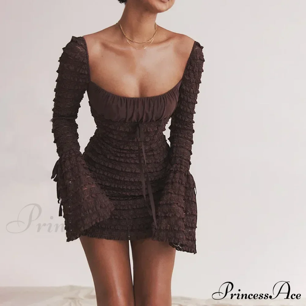 Floral Lace Club Party Rich Brown Flare Sleeve Mini Dress - Image 8