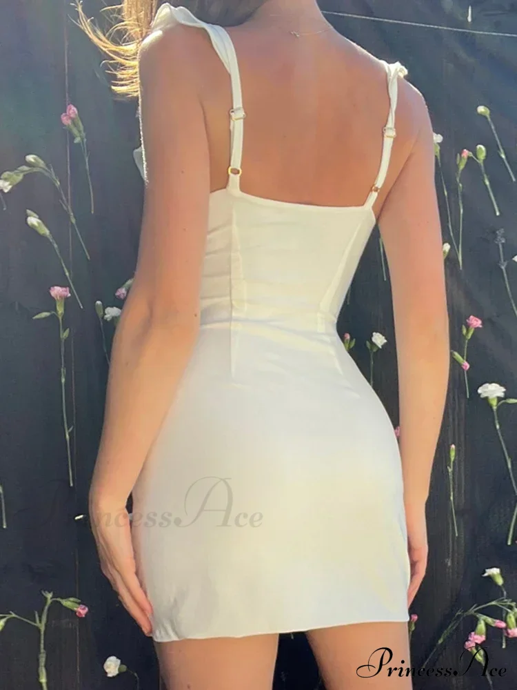 Ruffle Bow Tie White Sexy Backless Split Mini Dress - Image 3