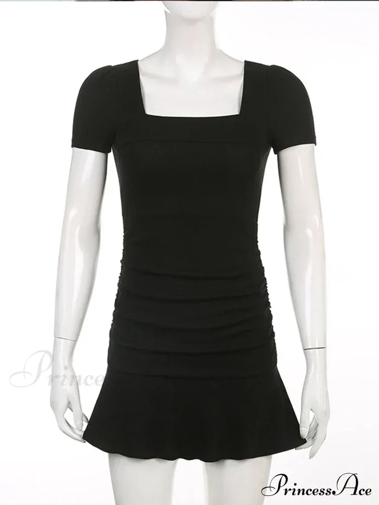 Ribbed Square Collar Casual Ruffles Patchwork Mini Dress - Image 5