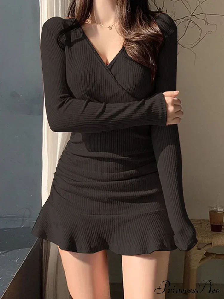 Knitted Ribbed V Neck Elegant Long Sleeve Mini Dress - Image 2
