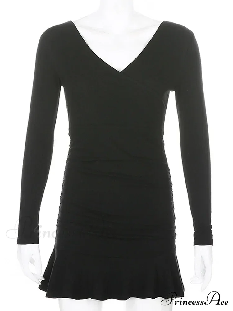Knitted Ribbed V Neck Elegant Long Sleeve Mini Dress - Image 6